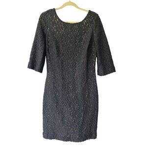 Etcetera‎ Black Floral Lace Cocktail Dress Champagne Lining Elbow Sleeve Size 6